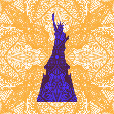 Independence Day United States. A statue of freedom is serene on a peach patterned background from a hand drawing.のイラスト素材