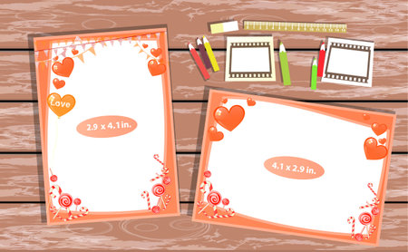Photo frame on the table. Horizontal and vertical. Illustration for your design. With frames with heartsのイラスト素材