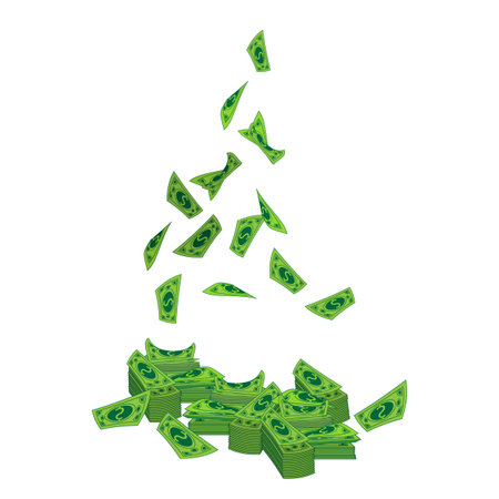 Dollars a bundle and fly from above. On white isolated background. Illustration for your design.のイラスト素材