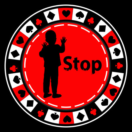Stop gambling. Poker logo concept. Illustration for your design. The boy is silhouetted on the red poker chip.のイラスト素材