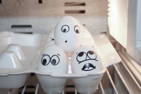Concept of the pyramid mlm. A funny egg. Photo for your design. Eggs in a container in the refrigerator. Egg on the headの写真素材