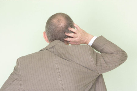 Business training concept. Photo for your design. The man stands with his back and scratches his head in his jacketの写真素材