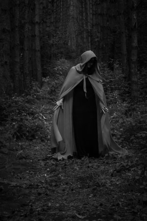 Halloween concept. A witch in a robe among the forest. Photo for your design.の写真素材
