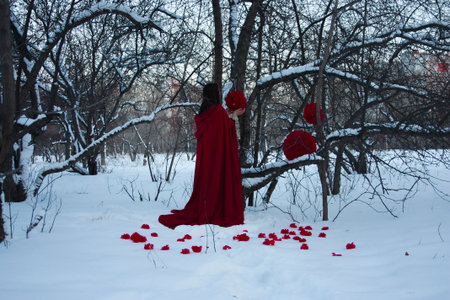 Halloween concept. A fiery witch by the tree with fireballs. late fall. Scary and scary. Photo horizontal for your design.の写真素材