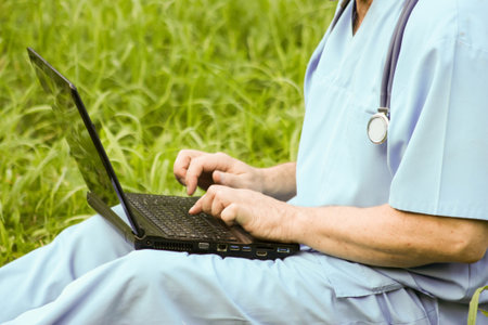 Doctor and nature concept. DOCTOR KNOWS ON THE KNIVES OF THE NOTEBOOK AND PRINTS. MEDICINE AND...