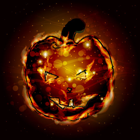 Halloween. Pumpkin sweet fire. The lantern on the tree. Flames with fire against the background of the night. Illustration for your design.のイラスト素材