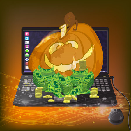 Halloween. Online Games. Victory and jackpot. Magic pumpkin with laptop. Illustration for your design.のイラスト素材