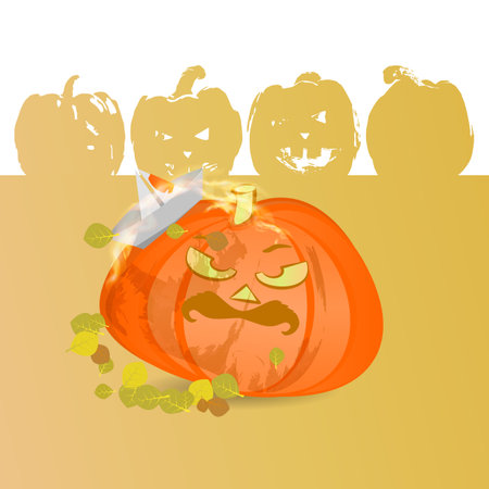 Halloween. Moustached cheerful pumpkin on pumpkin background. Illustration for your design.のイラスト素材