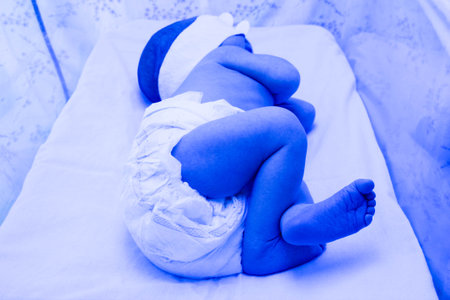 jaundice of newborns. A child under a photo lamp to treat pathological jaundice. photo for your designの写真素材