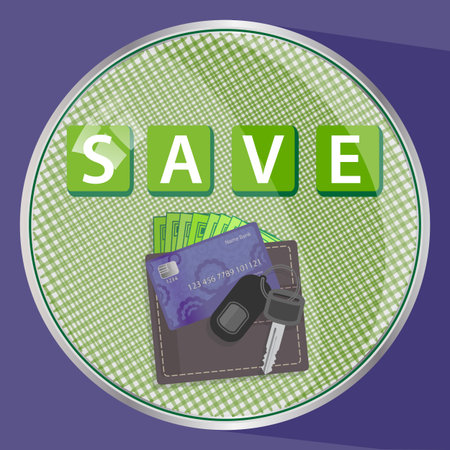 Save money, cards, car. Round button illustration for your design.のイラスト素材