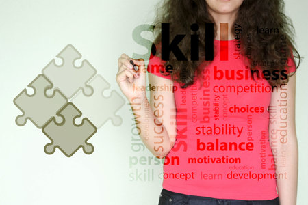 skill concept. Photo for your design with text. attractive girl writes markerの写真素材
