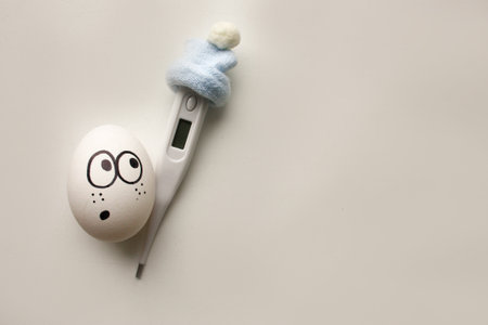 disease temperature concept. high very temperature. forty-two. thermometer in the cap. horizontal sheet orientationの写真素材