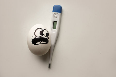 disease temperature concept. sad egg fear of high very temperature. forty-two. horizontal sheet...