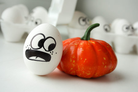 Halloween concept. funny eggs with a face of horror. pumpkin  . horizontal sheet orientationの写真素材