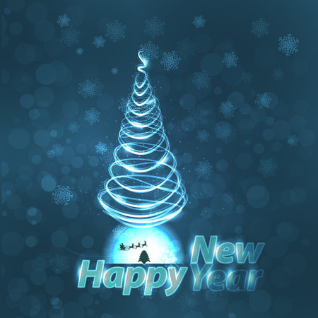 happy new year inscription neon with a cart Santa Claus and a Christmas tree on a blue background. illustration for your designのイラスト素材