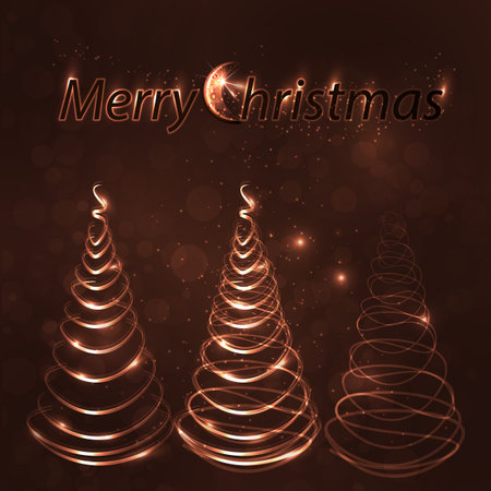 Merry Christmas lettering of a neon tree on a dark background. illustration for your design with a glowing monthのイラスト素材