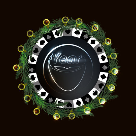 New Year and Christmas holiday. A casino chip with garland on black background.のイラスト素材