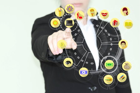 technology and business. Finger point icons. woman business photo for your designの写真素材