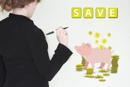 accumulation of money. deposit concept. photo for your design. business girl and piggy bank with coinsの写真素材