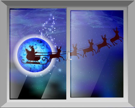 New Year and Santa Claus on deer in the background of the moon. vector illustration for your design. view from the window at nightのイラスト素材