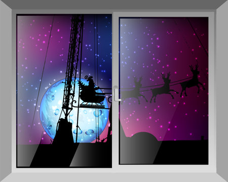 New Year and Santa Claus on deer in the background of the moon. vector illustration for your design. view from the window at night on the roof backgroundのイラスト素材