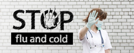 flu and cold stop concept. photo with text for your design. the inscription on the white brick...