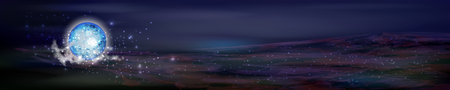 cosmos panorama. long horizontal vector image of a large size. moon and starsのイラスト素材