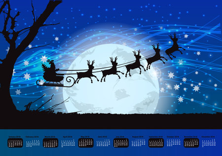 the calendar for 2018. horizontal orientation. night and silhouette of Santa Claus against the background of the moon. tree branches silhouetteのイラスト素材