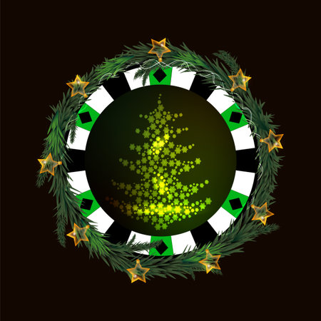 poker chip New Year on a dark background with a glowing lantern. with a green tree in the middleのイラスト素材