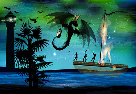 dragon black fire on the background of a burning ship with people. war. palms and oceanの写真素材
