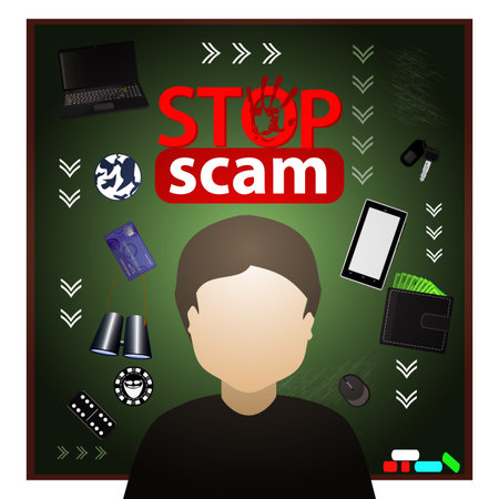 Stop scam. Cheating and fraud. A thief in the background of a blackboard.のイラスト素材