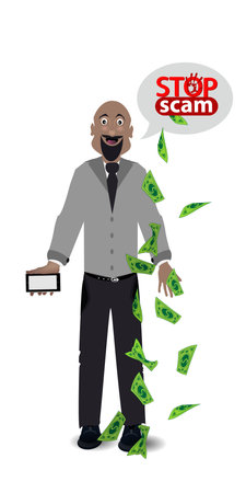 fraudster with a smart phone in his hand pinches money cheated peopleのイラスト素材