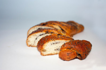 ROLL WITH MAKOM. TASTY AND APPETITE. sliced into pieces.の写真素材