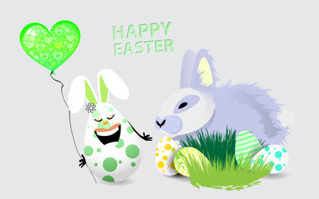 Easter. Easter rabbit with a mischievous egg in green peas. horizontal leaf orientation on white backgroundのイラスト素材