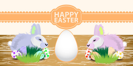 Easter. Easter bunnies with an egg. on a wooden background in the grass. Easter inscription on an orange ribbonのイラスト素材