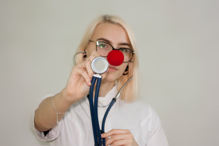 children's doctor. portrait. Listens with a stethoscopeの写真素材