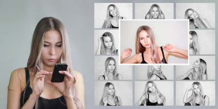 avatar in social networks. choice between many photo. smart phone. attractive beautiful girlの写真素材