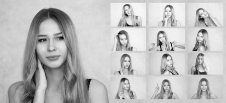 attractive girl depressed. blonde with long hair. college photo. black and white photographyの写真素材