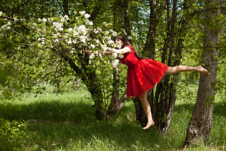 fairy flower. beautiful girl in a red dress among the flowers. photo for your designの写真素材
