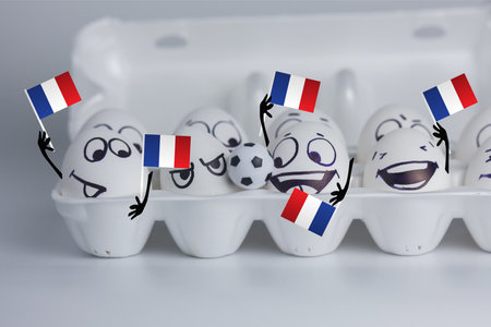 football France fans are cute in tribute - in the container for eggs. world football. funny fan with a soccer ball. many eggs in the box. horizontal sheet orientationの写真素材