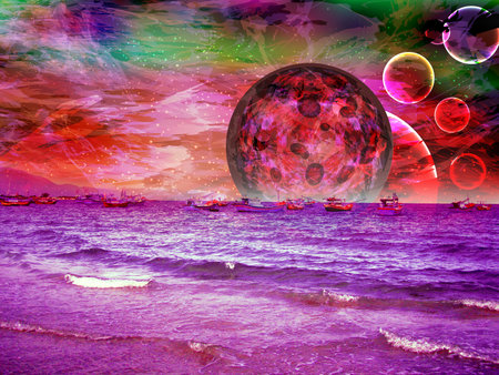 cosmos panorama. the fiery planet of Mars and the oceans of fire.