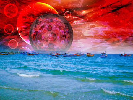 space panorama. a fiery planet of Mars and an ocean with ships. photo matching and illustration