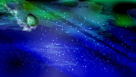 meteorite drop. landscape cosmic starry. The green stone lump falls down leaving traces in the starry skyのイラスト素材