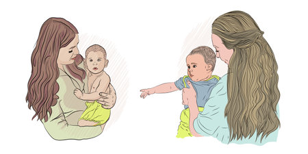 lesbian family. two girls with children. vector illustration. on white isolated background. sketching styleのイラスト素材