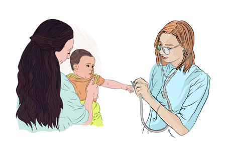 girl in her mother's arms at the reception at the pediatrician. doctor listens to a small child with a stethoscope. vector illustration on white isolated layer in sketching styleのイラスト素材