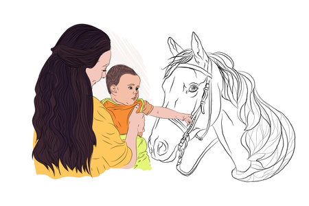 contact zoo. mother and child with a horse. the child pulls his hand to the horse with interest. Vector illustration on white isolated background in sketching style.のイラスト素材