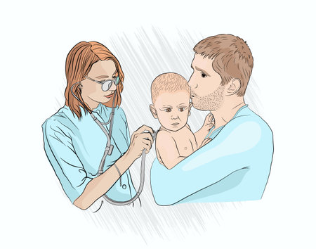 children's pneumonia the doctor examines the child. Dad holds the baby in his arms at the examination of the pediatrician. stethoscope lungs inspectionのイラスト素材