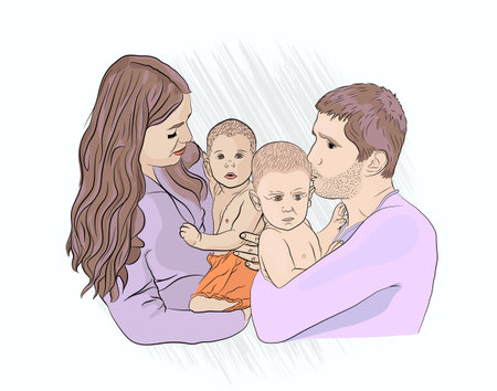 complete family. mom dad and two children. sketching style on white isolated backgroundのイラスト素材