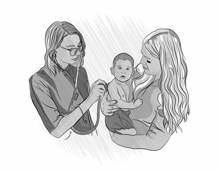 The doctor listens to the lungs of a child. pediatrician examination. Mom and child at the doctor. sketching styleのイラスト素材