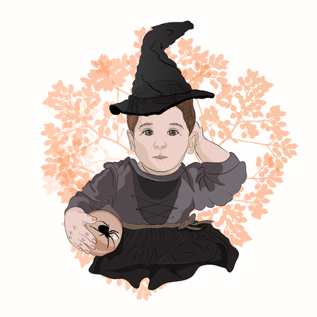 Halloween little witch. Sabrina. baby in witch hat with black spider. drawing tint vector illustrationのイラスト素材